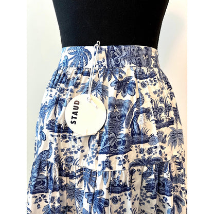 STAUD Idalino Maxi Skirt in Blue Toile Size 0 Graphic Print Stretch Beach Tropic