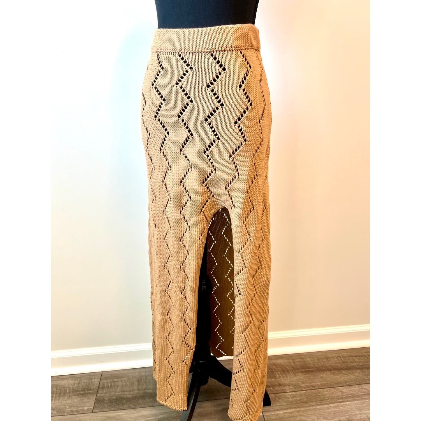 Savannah Morrow Lauryn Skirt in Almond Small Knit Pull On Midi High Slit Beach