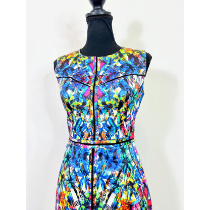 Milly Slim Sheath Dress Multicolor Size 2 Stained Glass Print Sleeveless Lined