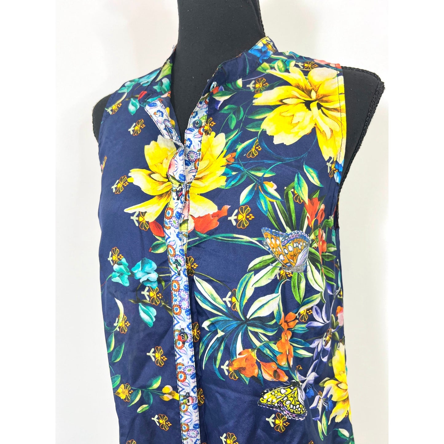 Johnny Was Mini Dress Size XS Floral Butterfly Button Front Silk Boho Summer