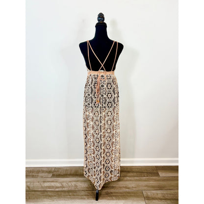 Free People Saltwater Happy Crochet Tan Coverup Maxi Dress Size XS Sleeveless