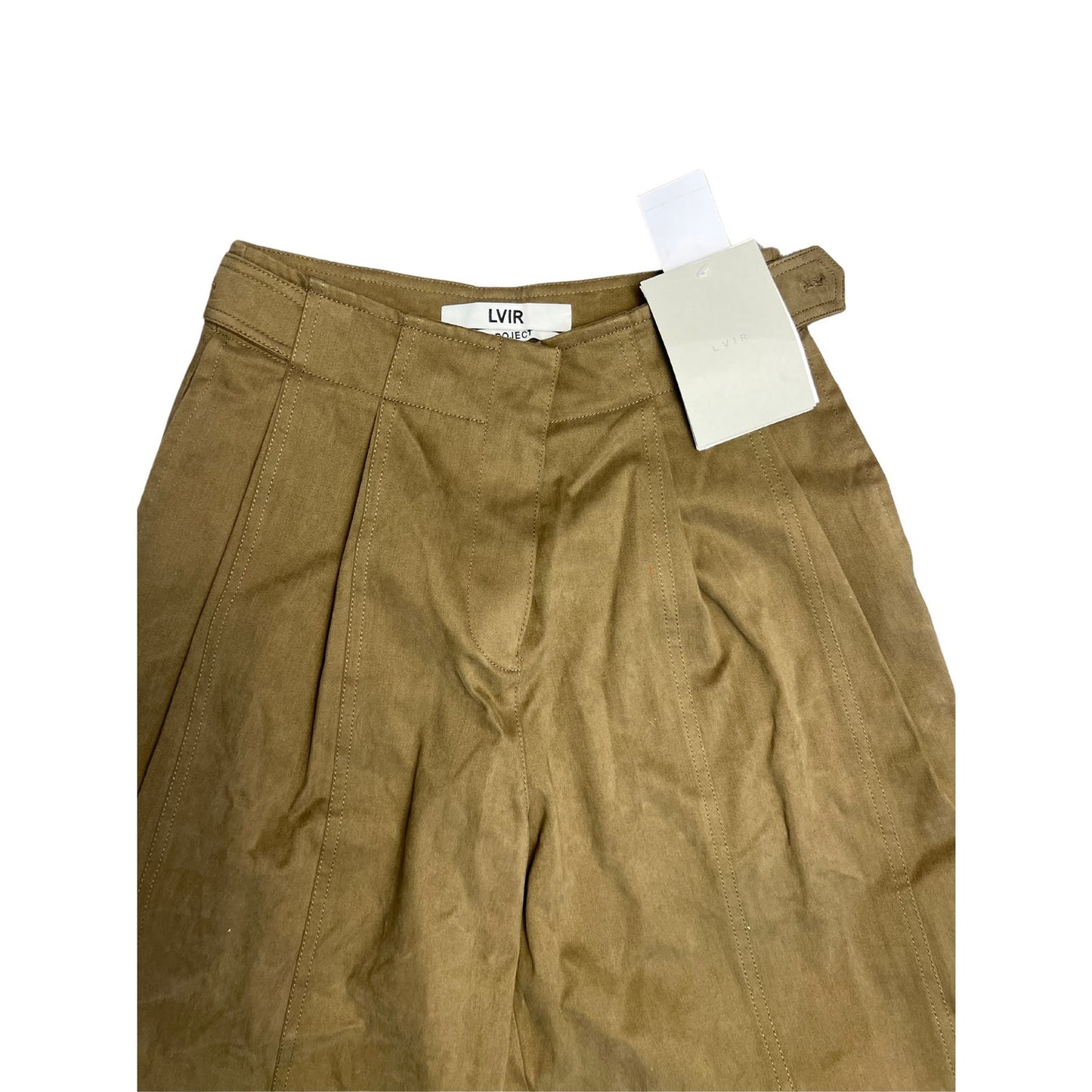 LVIR Khaki Green Pleated Trousers Small Straight Leg Zip Fly Stretch Pockets