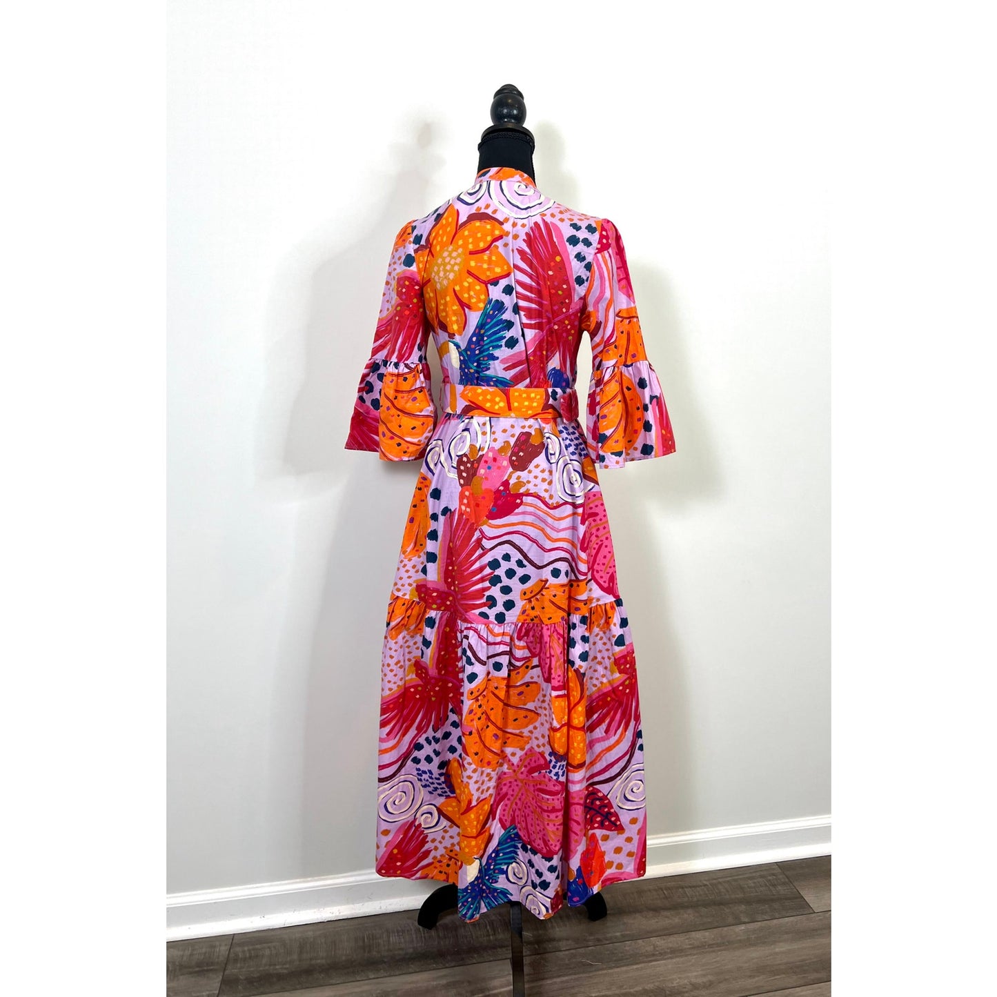 FARM Rio Warm Colors Printed Belted Maxi Dress Size XS Floral Belted Half Sleeve