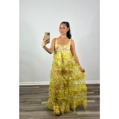 For Love & Lemons Vikki Sheer Tiered Floral Maxi Dress in Yellow Multi Size XS