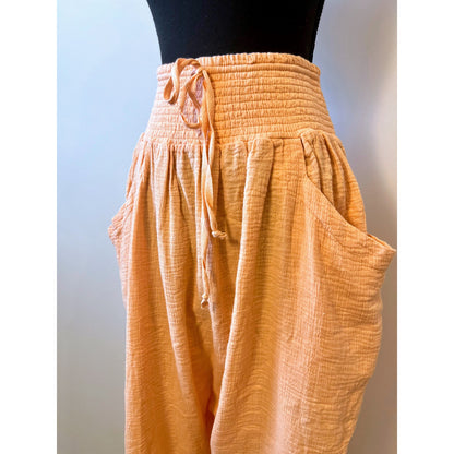 Free People Wide-Leg Pants Peach Medium Pull On Drawstring Elastic Waist Pockets