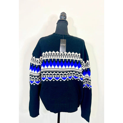 Ralph Lauren Pullover Sweater in Black Fair Isle Knit Wool Tribal Boho Classic