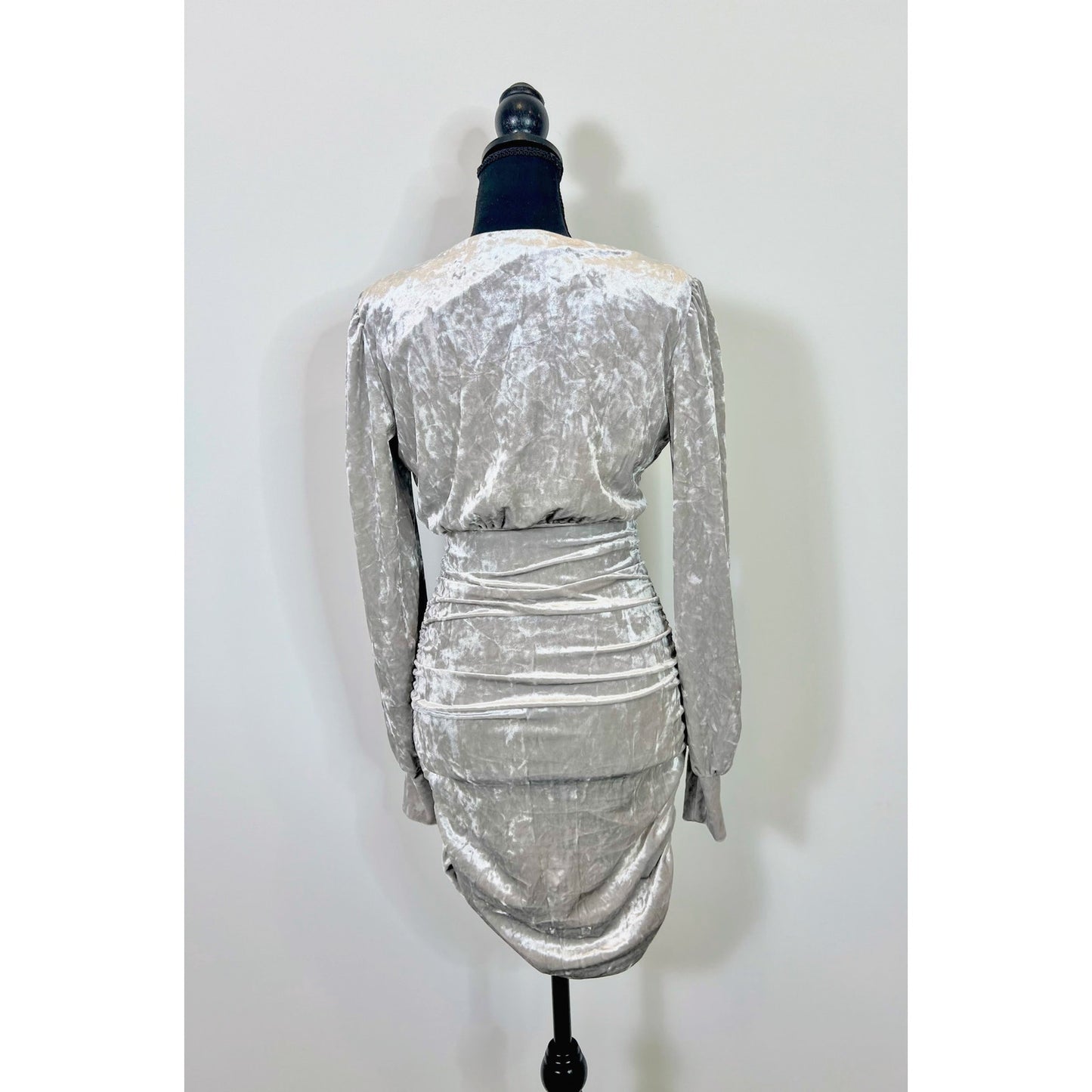 Steve Madden Kali Mini Dress in Silver Small Velvet Long Sleeve Ruched Lined