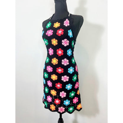 Show Me Your Mumu Happy Halter Mini Dress in Multi Black Flower Crochet Small