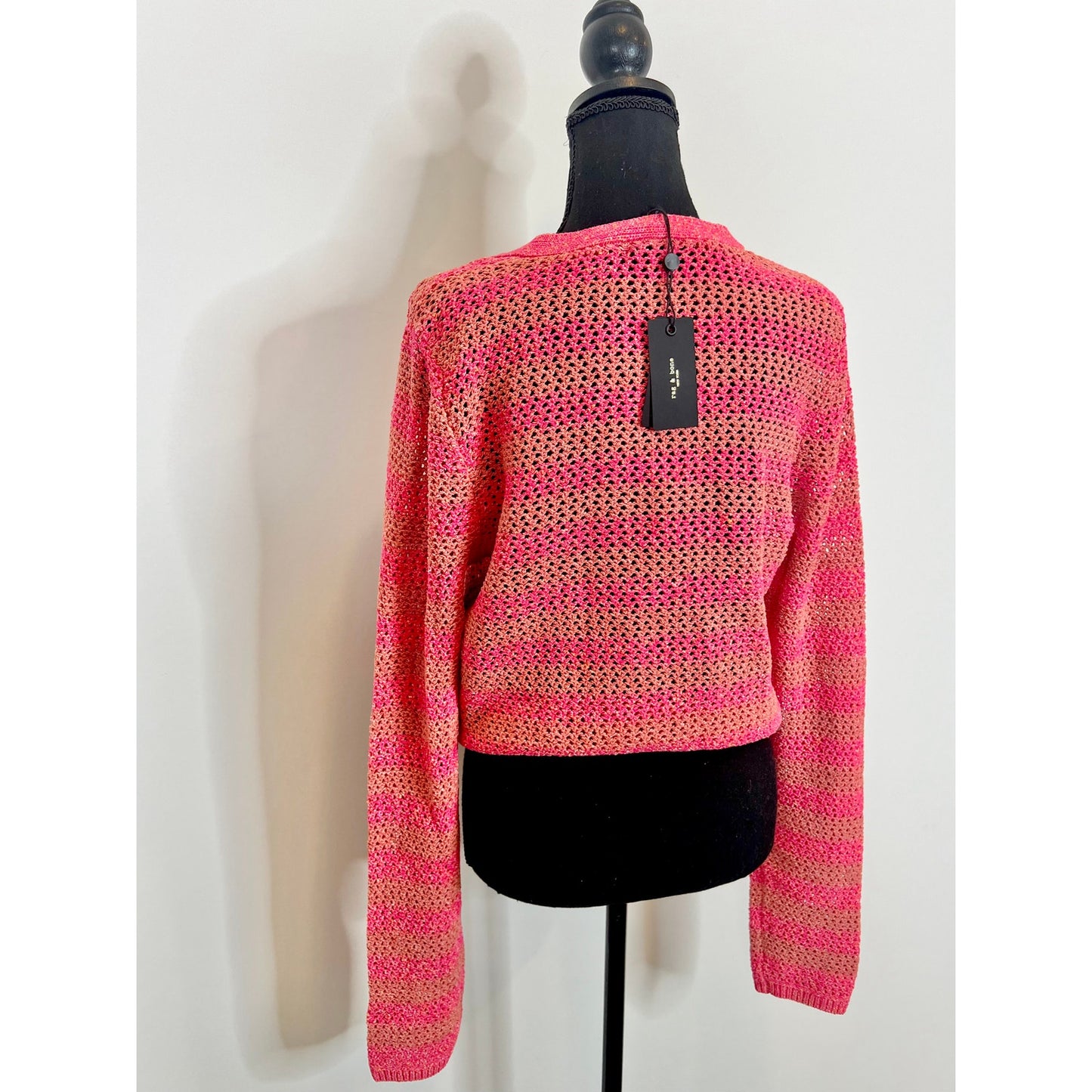 Rag & Bone Carson Cropped Crochet Cardigan Pink Multi Striped Large Button Front