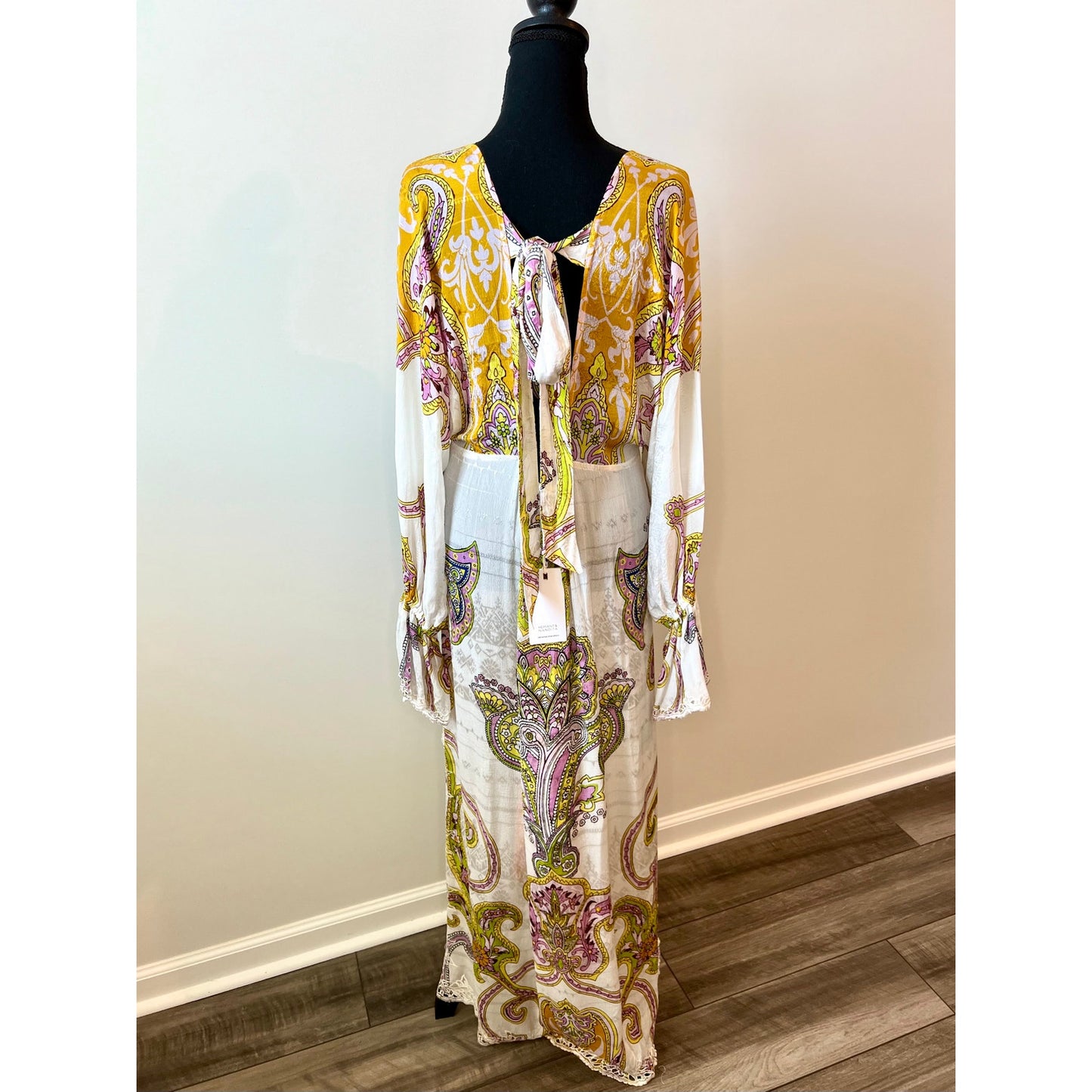 Hemant and Nandita Agra Caftan Maxi Dress in Off White Medium Floral Embroidered