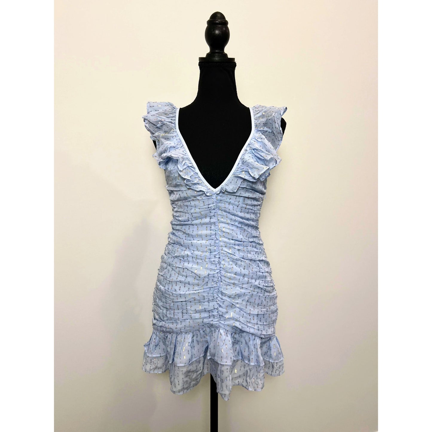 For Love & Lemons Chantal Mini Dress in Blue Small Tiered Ruffle Metallic Lined