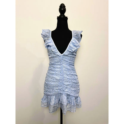 For Love & Lemons Chantal Mini Dress in Blue Small Tiered Ruffle Metallic Lined