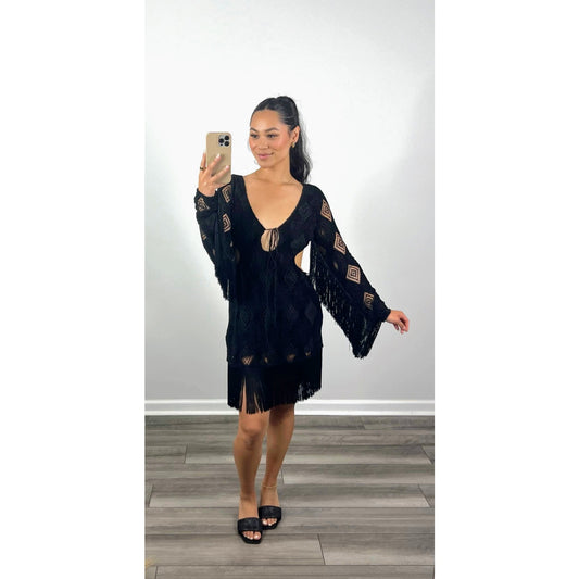 For Love & Lemons Aubrey Mini Dress in Black Large Fringe Velvet Lined Eyelet