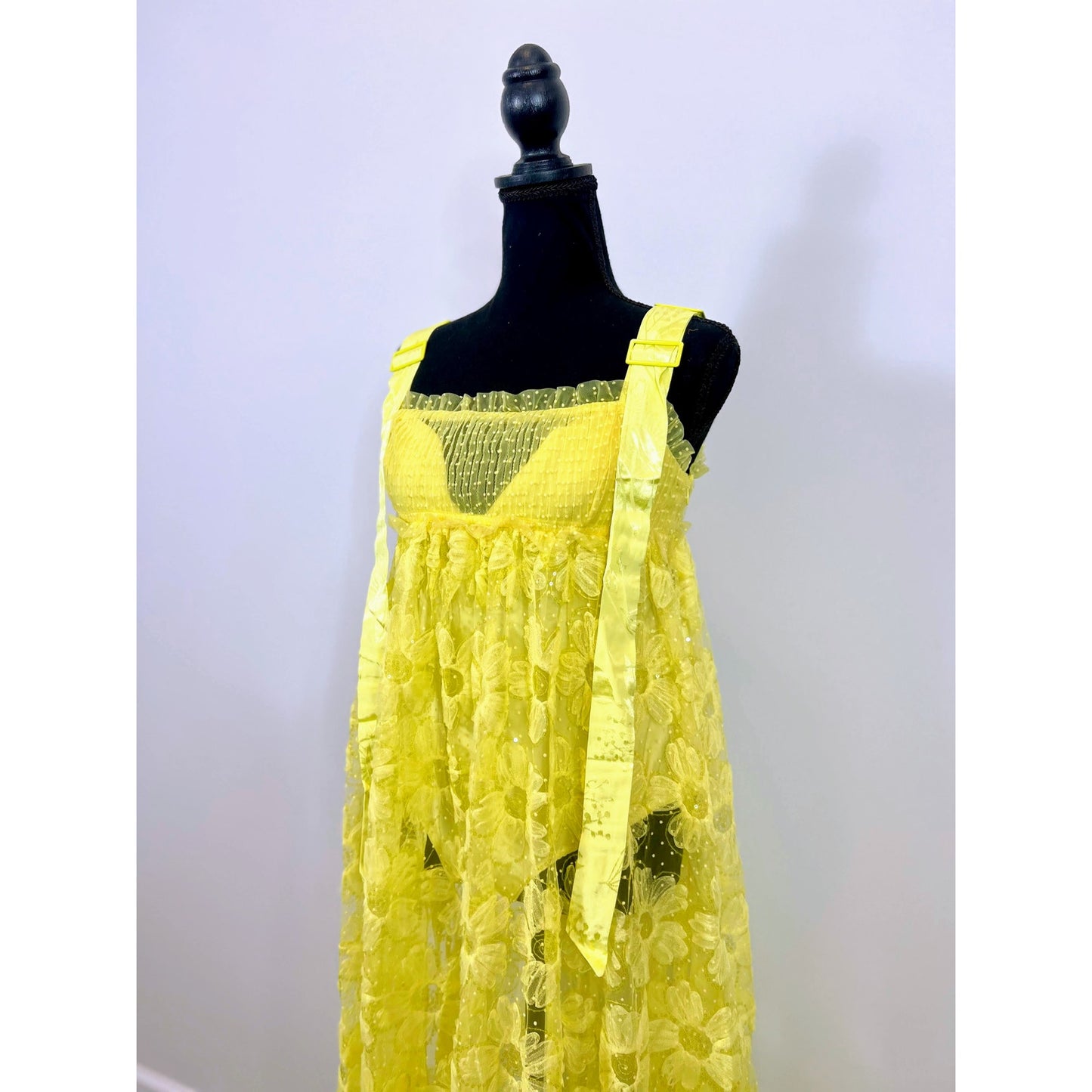 For Love & Lemons Emma Maxi Dress in Yellow Medium Floral Lace Sleeveless Lined