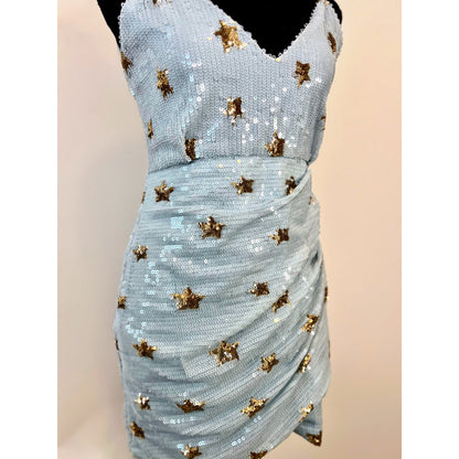 Superdown Dina Mini Dress in Sky Blue/Gold Star Small Sequins Sleeveless Party