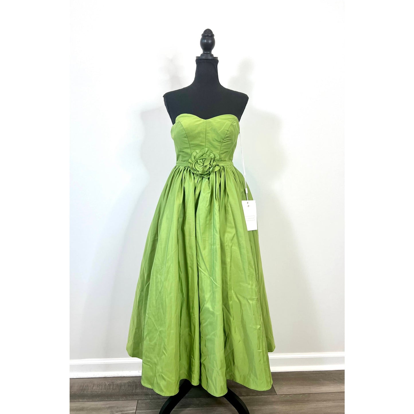 Mac Duggal Faille Midi Dress in Pear Green Sz 0 Strapless A-Line Party Cocktail