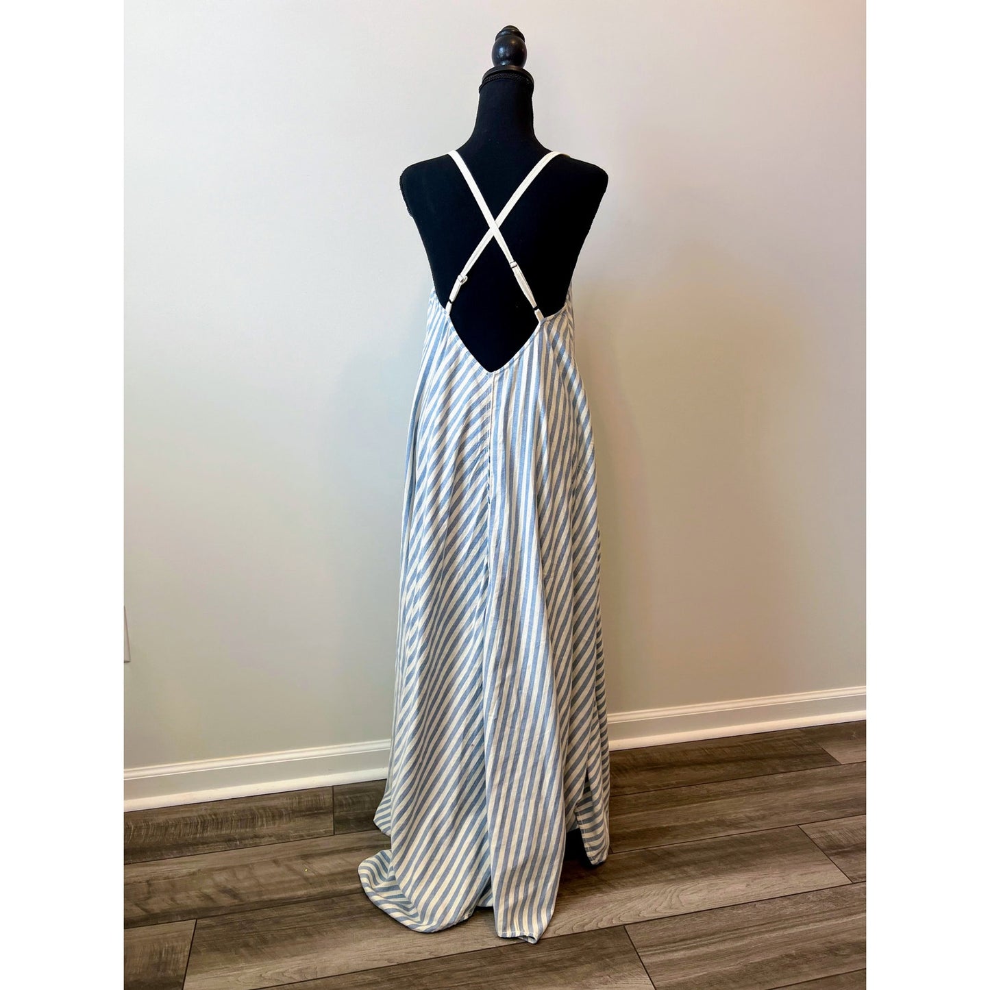 Free People Gracelynn Maxi Dress in Blue White Striped Small Embroidered V-Neck