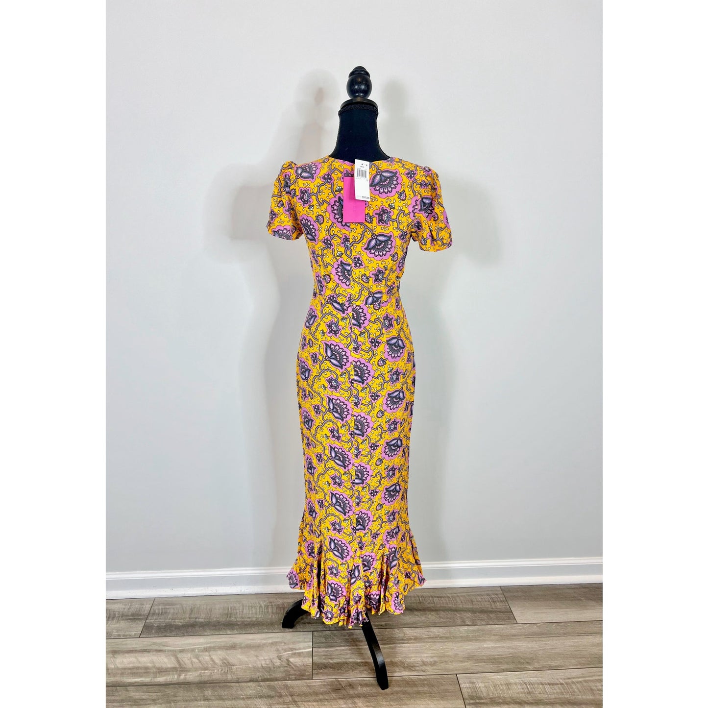 Rhode Lulani Midi Dress in Gold Lotus Printed Size 0 Floral Fluted Hem Lined