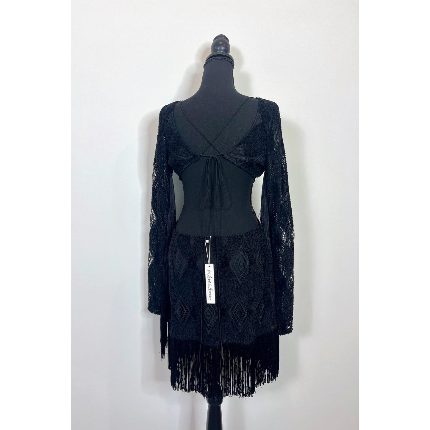 For Love & Lemons Aubrey Mini Dress in Black Large Fringe Velvet Lined Eyelet