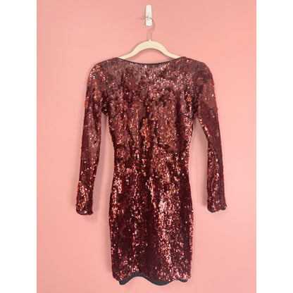 Dress The Population Lola Long Sleeve Red Sequin Mini Dress Size XS