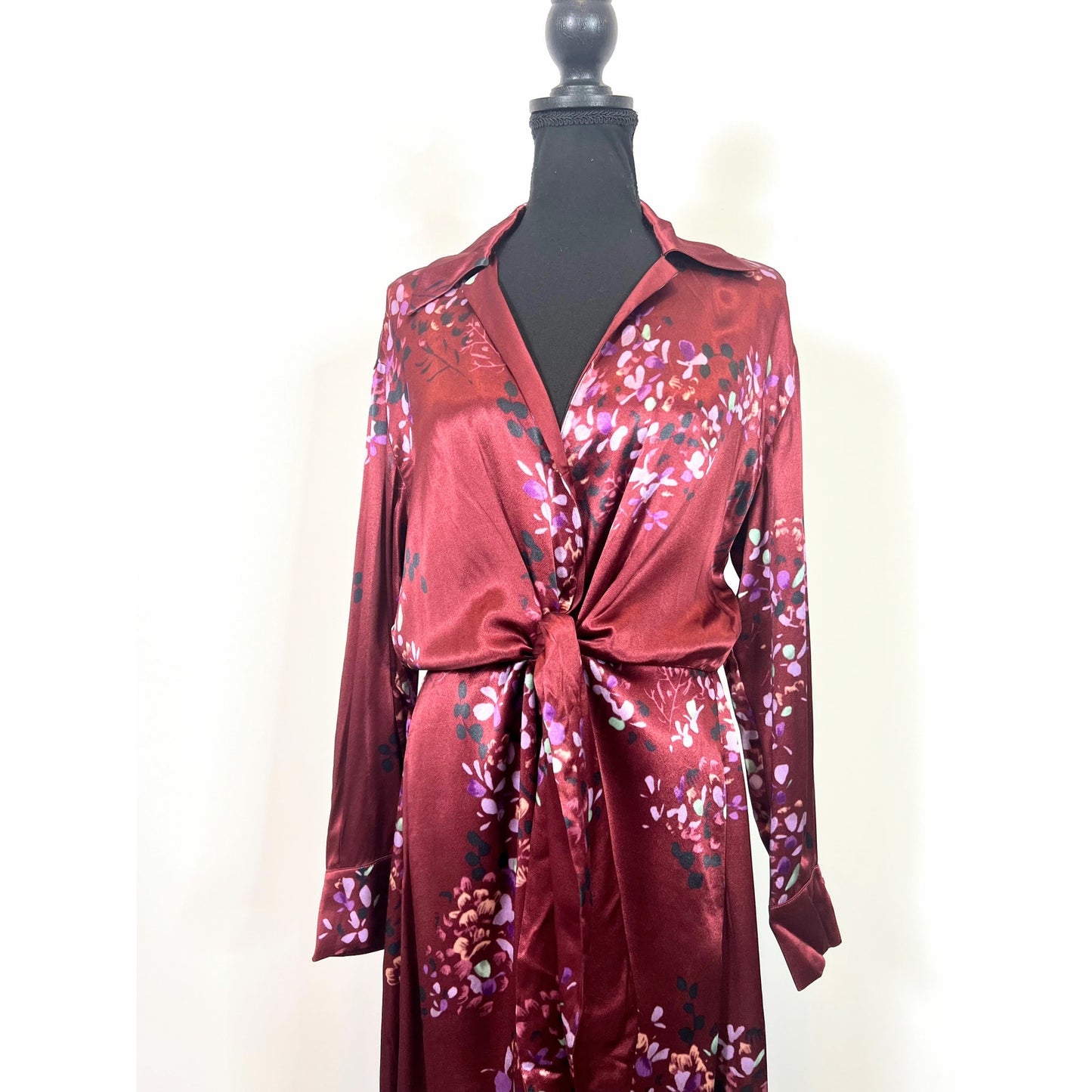 Vince Forsythia Tie Front Midi Dress in Dark Cinnamon Medium Floral Long Sleeve