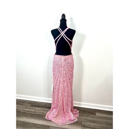 Mac Duggal Gown Maxi Dress in Pink Size 10 Strappy Beaded Column Sequin Cocktail