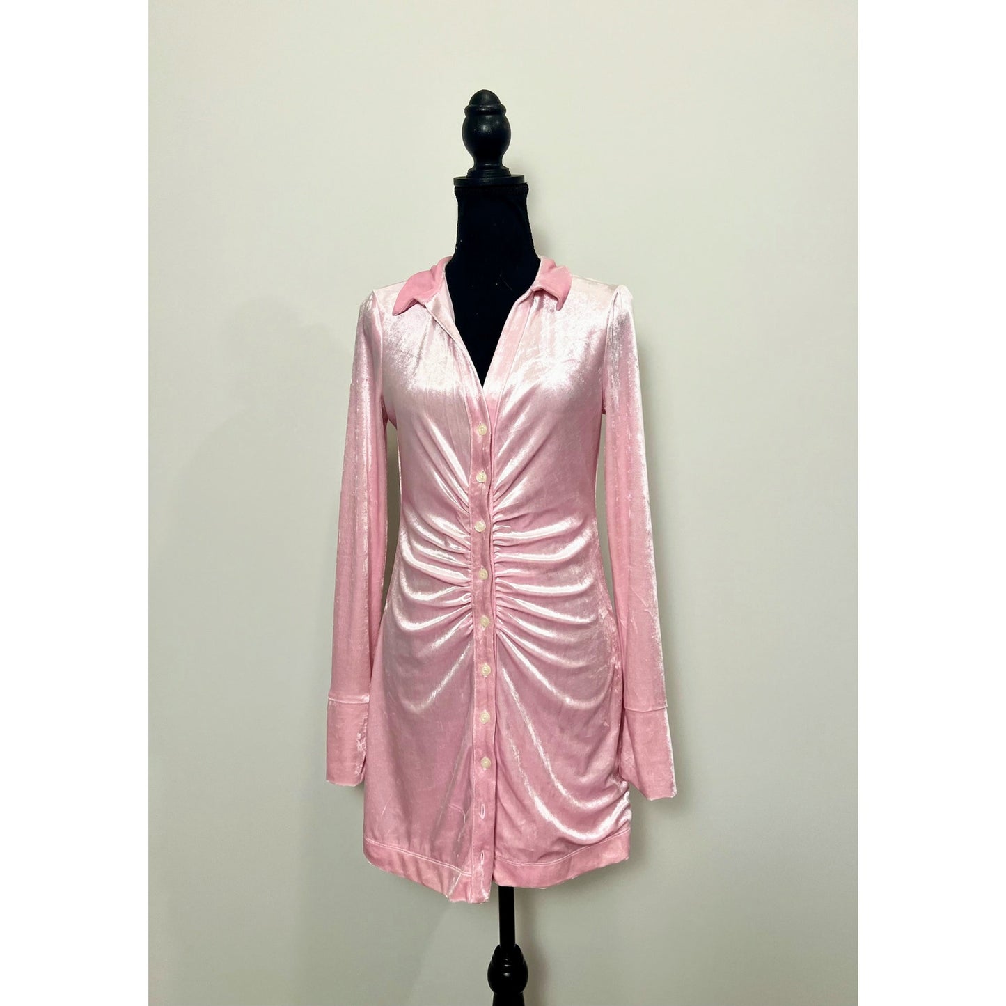 Free People Shayla Velvet Ruched Button Mini Dress in Pink Small Long Sleeve