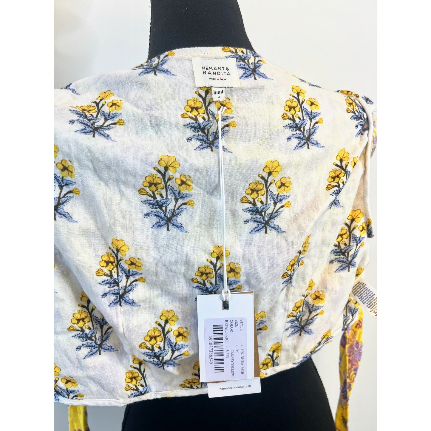 Hemant & Nandita Floral Dhea Tie Front Crop Top in Canary Yellow Medium Floral