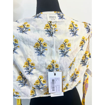 Hemant & Nandita Floral Dhea Tie Front Crop Top in Canary Yellow Medium Floral