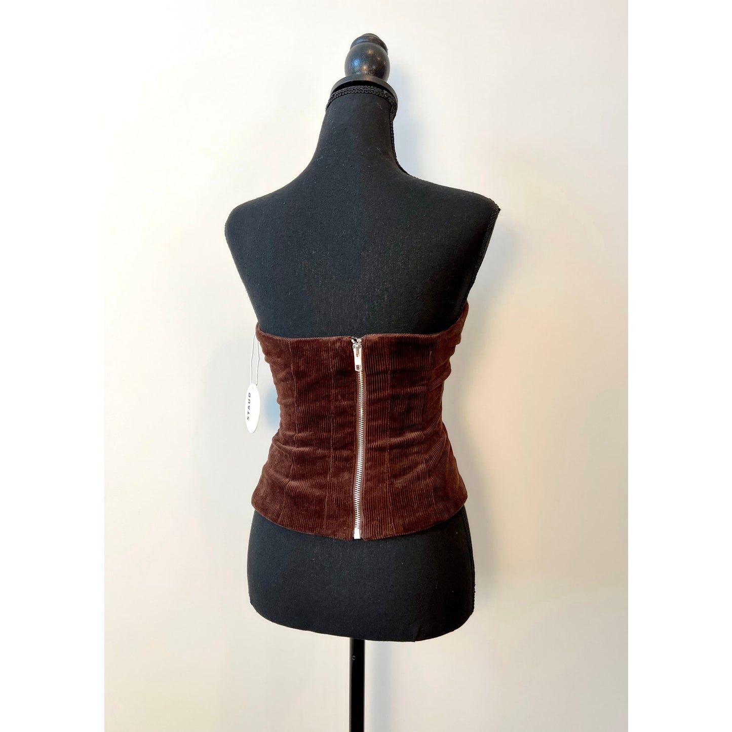 STAUD Woodgrain Top in Mahogany Large Corduroy Strapless Zip Back Stretch