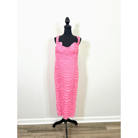 Majorelle Ruched Midi Dress in Pink Size XL Off Shoulder Lined Party Cocktail