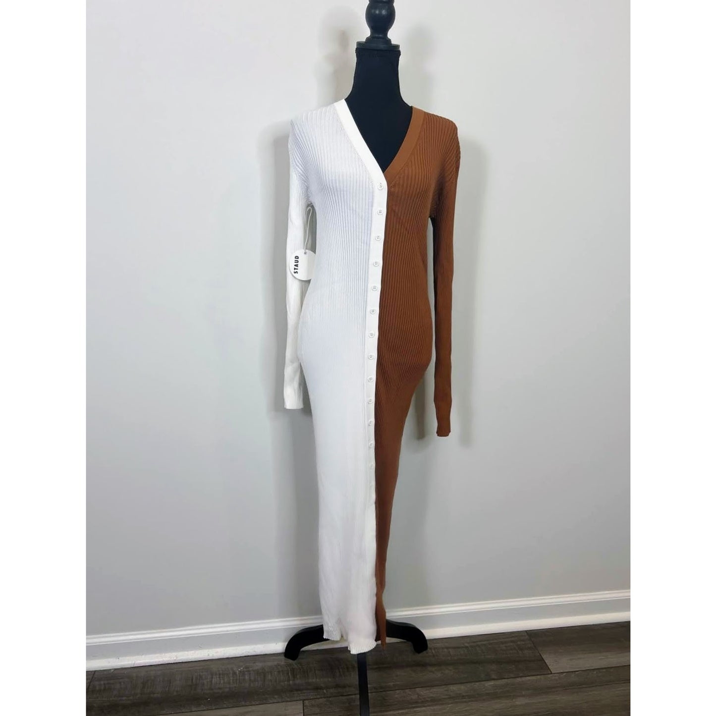 STAUD Shoko Sweater Dress Tan/White Size XL Knit Ribbed Button Front Long Sleeve