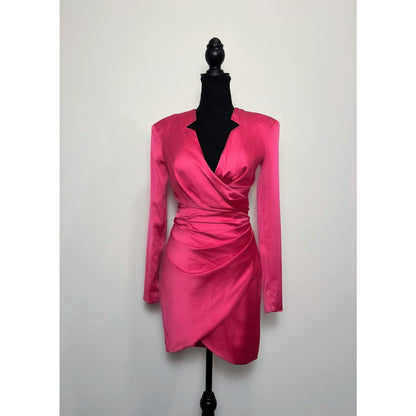 House of CB Nelinha Wrap Dress in Hot Pink Small Satin Long Sleeve V-Neck Lined