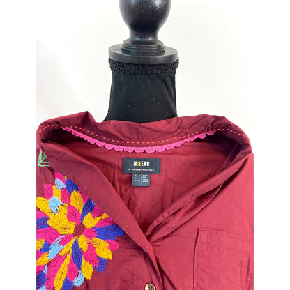 Anthropologie Maeve Embroidered Button Down Shirt in Burgundy Size 4 Long Sleeve