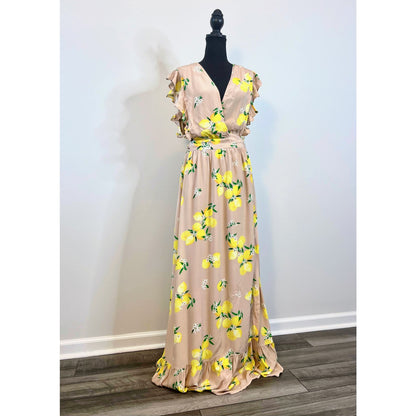 Majorelle Sweet Pea Maxi Dress in Tan Lemon Size XL Cap Sleeve V-Neck Lined