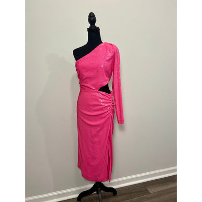 L'Agence Christie One Shoulder Dress in Pink Sequin Sz 6 Cutout Lined Side Slit