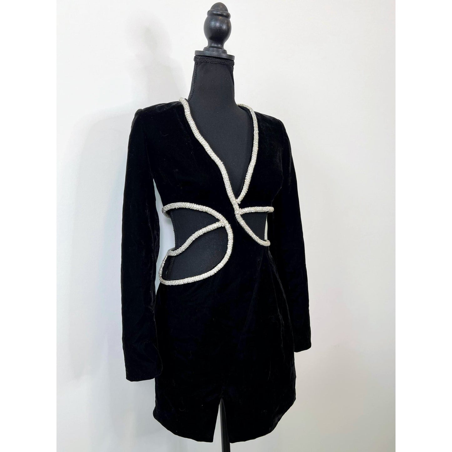 PatBO Cut Out Mini Dress With Rhinestone Trim in Black Size 2 Long Sleeve Velvet