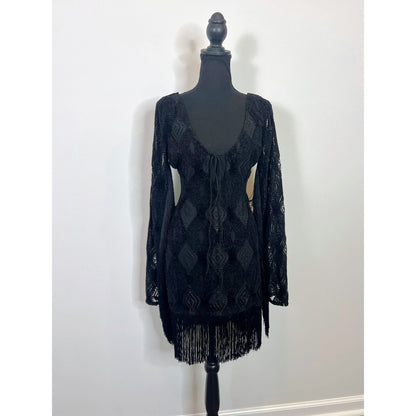 For Love & Lemons Aubrey Mini Dress in Black Large Fringe Velvet Lined Eyelet