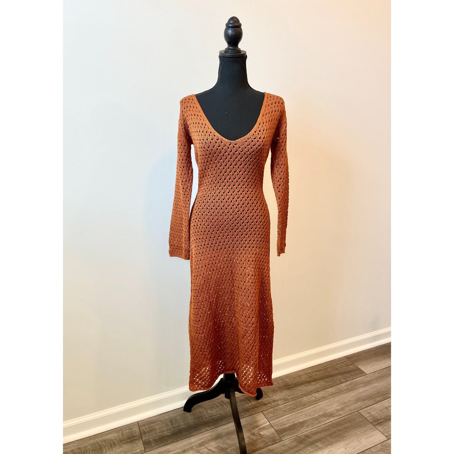 Savannah Morrow Winona Dress in Terracotta Open Knit Long Sleeve Beach Summer