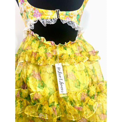 For Love & Lemons Vikki Sheer Tiered Floral Maxi Dress in Yellow Multi Size XS