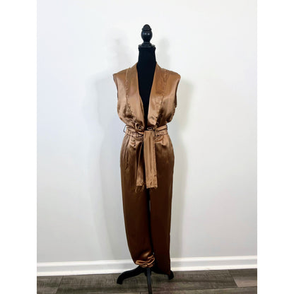 NONchalant Joey Jumpsuit in Brown Small Satin Zip Fly Waist Tie Belted Fringe