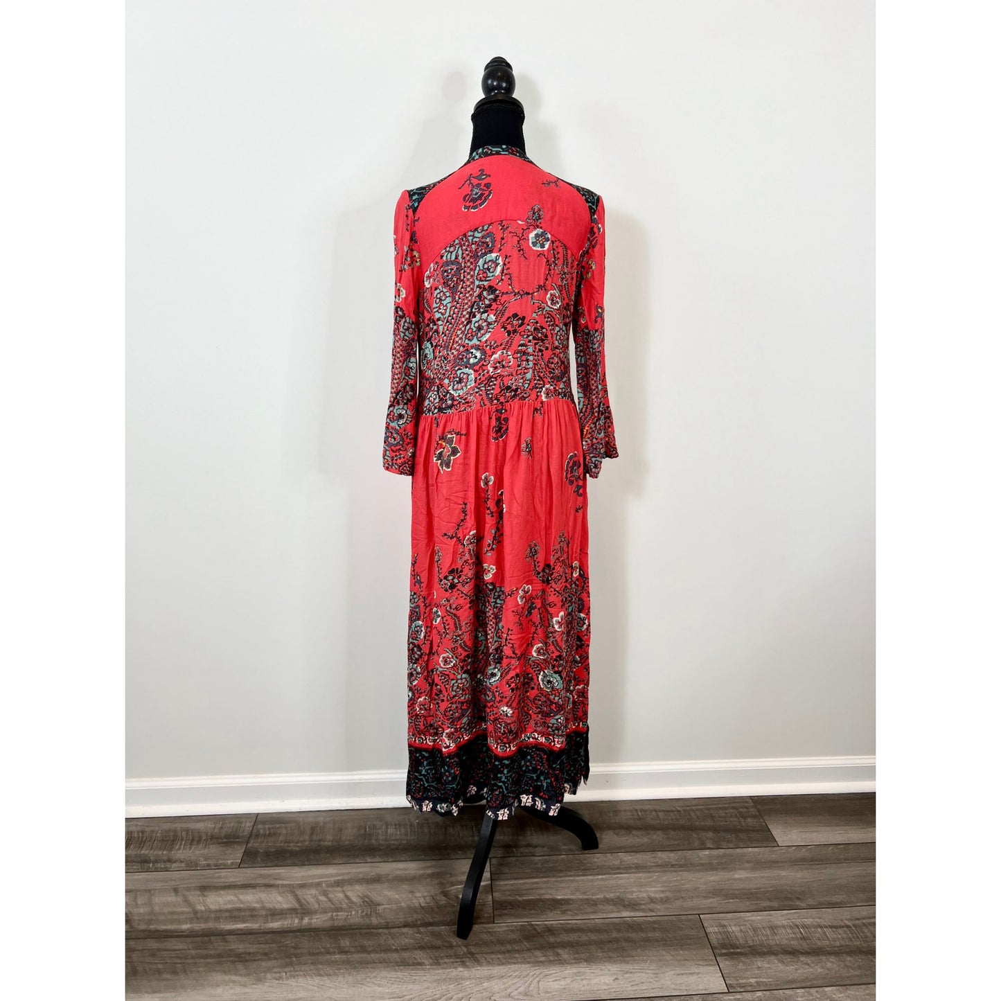 Free People If You Only Knew Maxi Dress in Red Combo Small Floral Long Sleeve