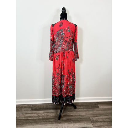 Free People If You Only Knew Maxi Dress in Red Combo Small Floral Long Sleeve