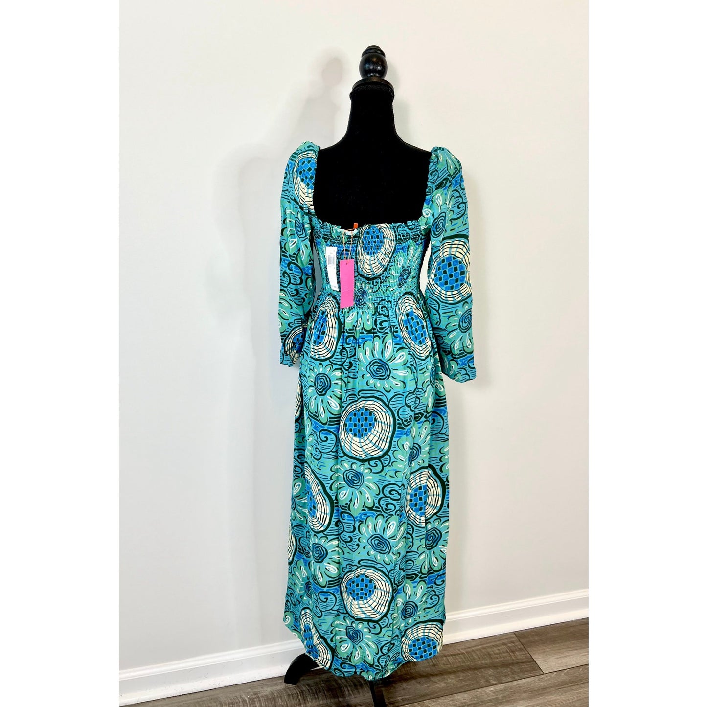 Rhode Phoenix Midi Dress in Aquatic Bloom Blue Size 4 Long Sleeve Cutout Lined