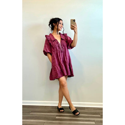 Free People Elora Mini Dress in Juneberry Small Half Sleeve Ruffle Trim Lined