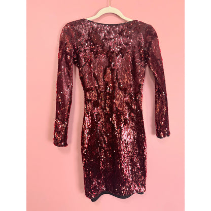 Dress The Population Lola Long Sleeve Red Sequin Mini Dress Size XS