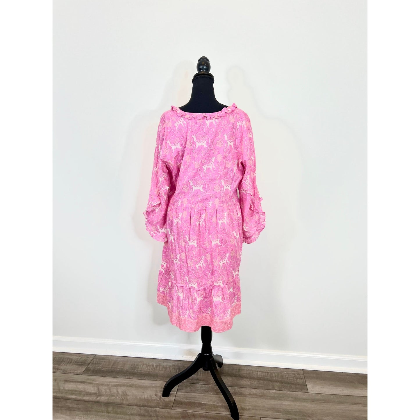 La Plage Short Deer Dress Pink Size XL Mini V-Neck Button Front Tiered Printed