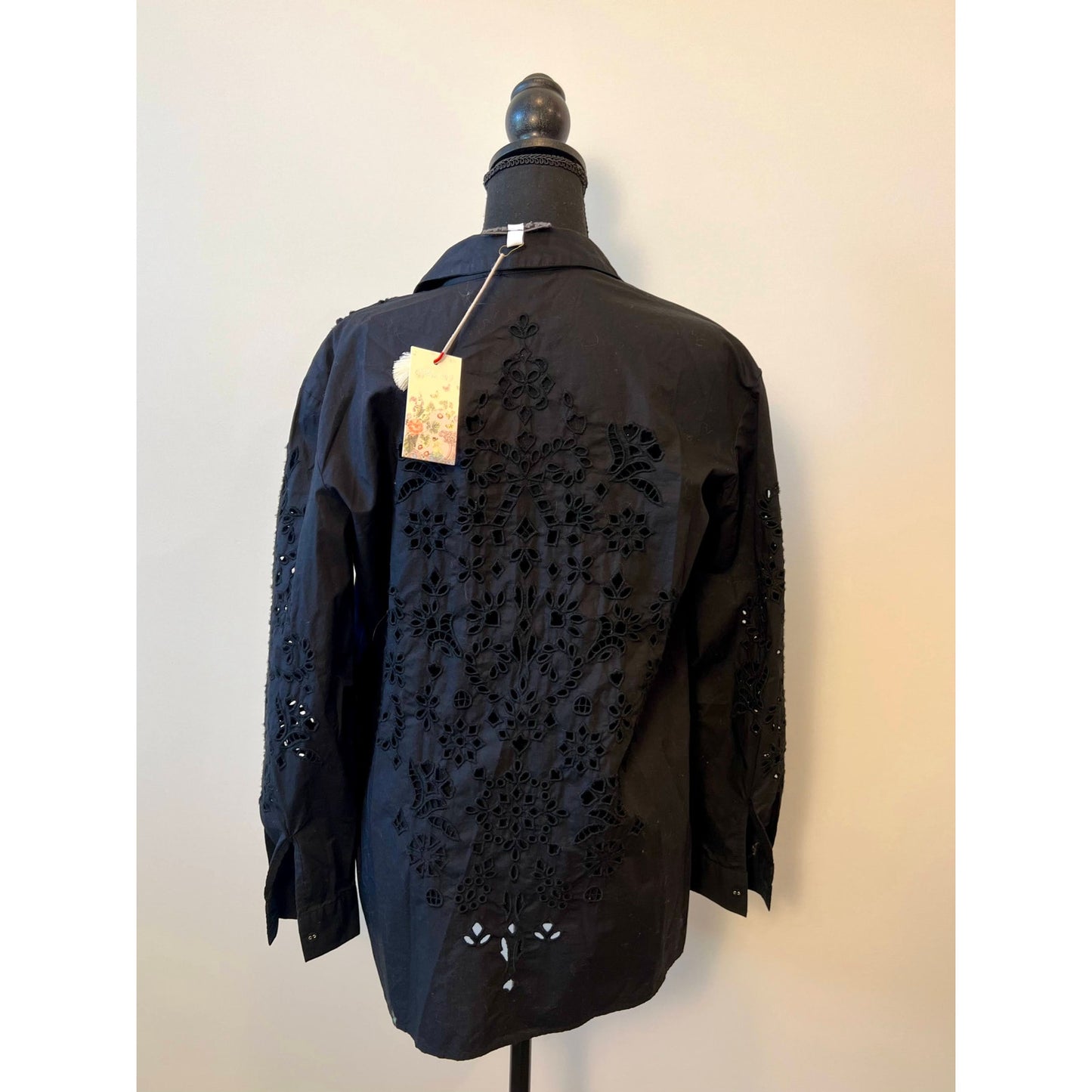 Johnny Was Maricruz Button Down Shirt in Black XS Long Sleeve Embroidered Eyelet