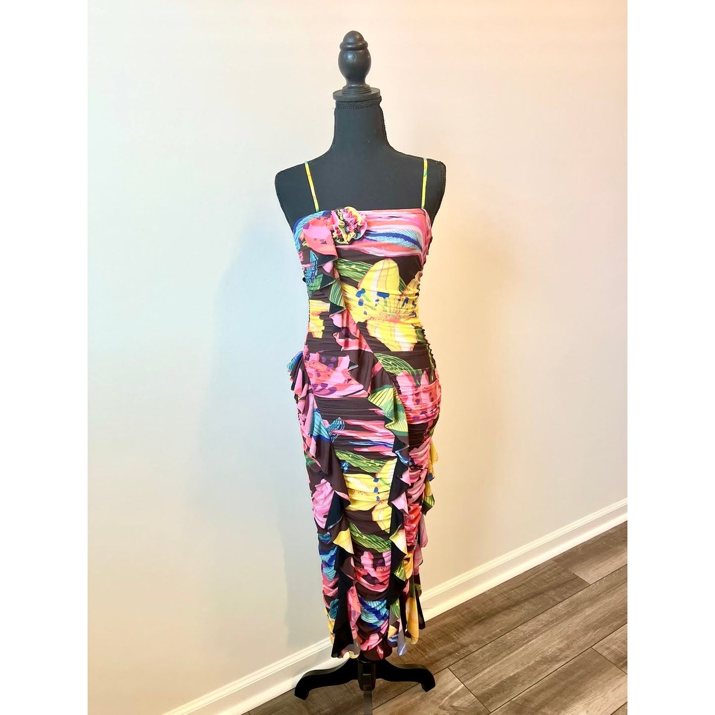 Rococo Sand Chris Midi Dress in Black Floral Ruffle Ruched Stretch Lined Colorful