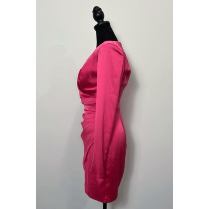 House of CB Nelinha Wrap Dress in Hot Pink Small Satin Long Sleeve V-Neck Lined